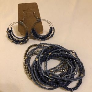 Stretch beaded bracelets and Beaded Earring Set in Blues